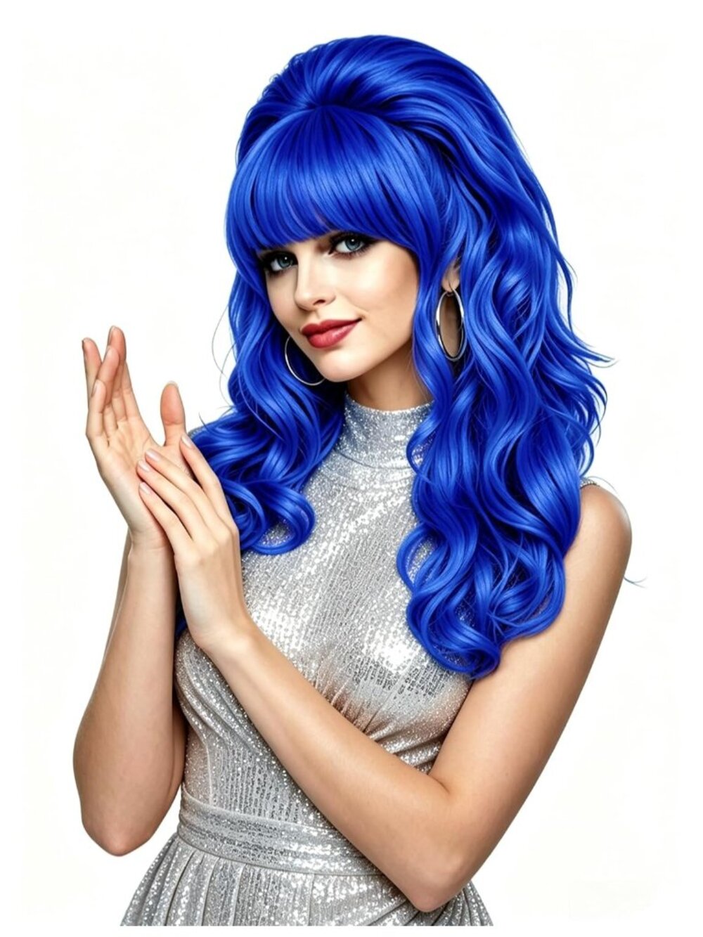 Women's Blue Heat Resistant Synthetic Fiber Retro Long Wavy Wigs Bangs